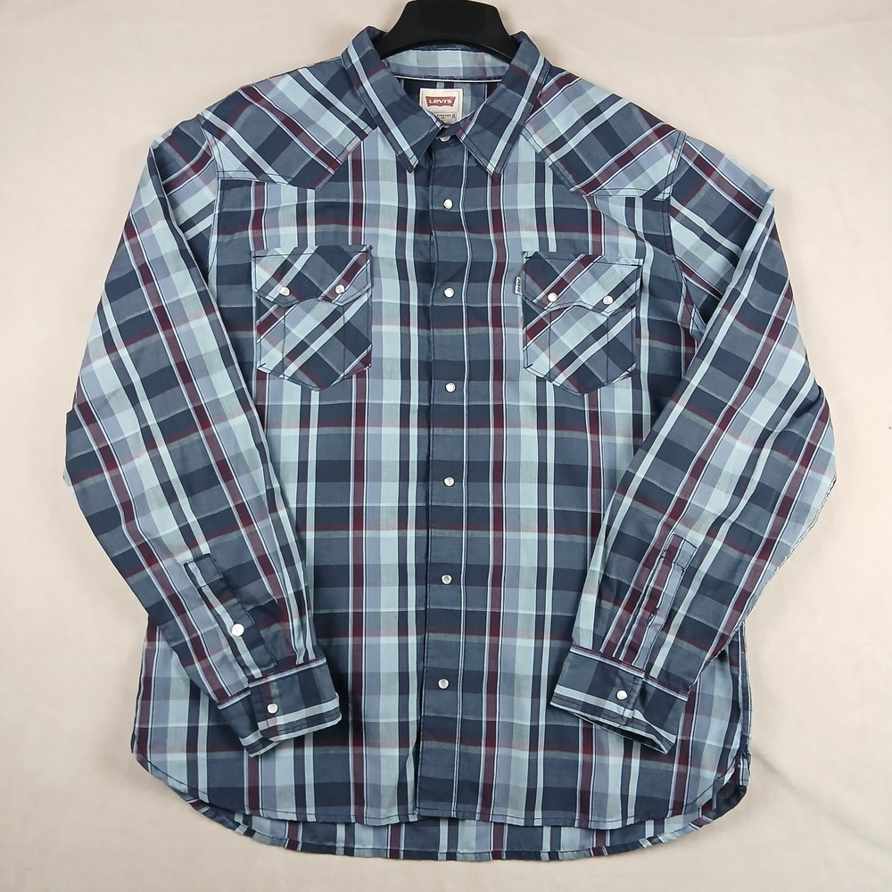 Vintage Levis XXL Mens Shirt White Tag Western Sawtooth Pearl Plaid 25x29 FLAWS